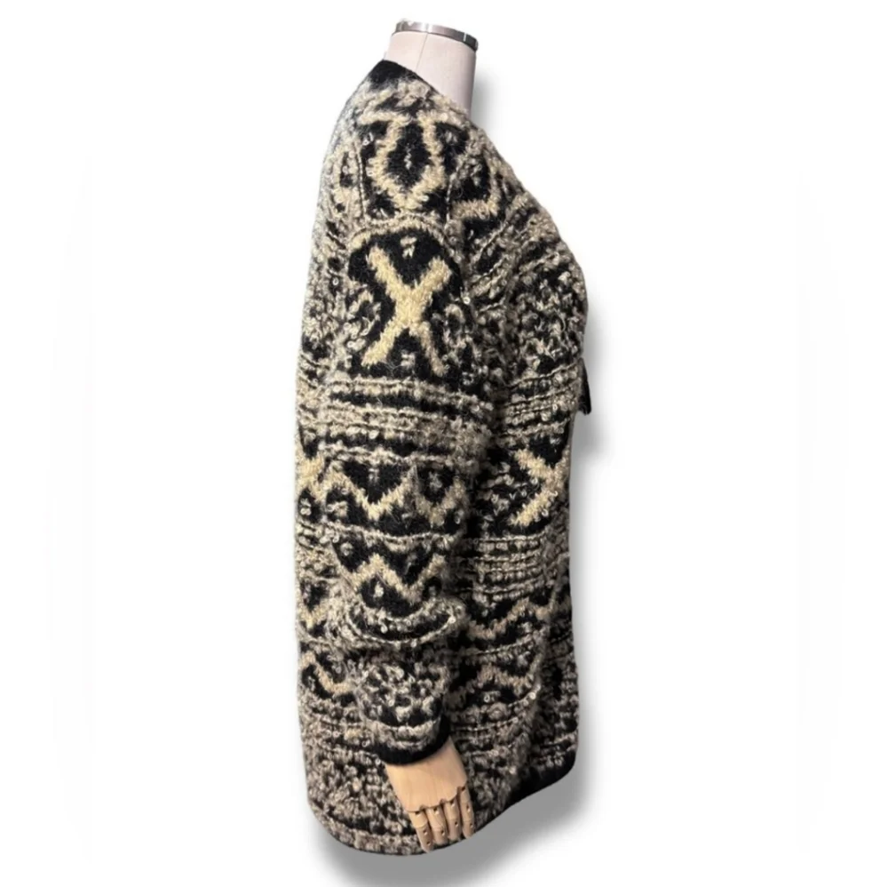 JONES NEW YORK SPORT Black & Cream Hand Knit Bouclé Mohair Cardigan VINTAGE